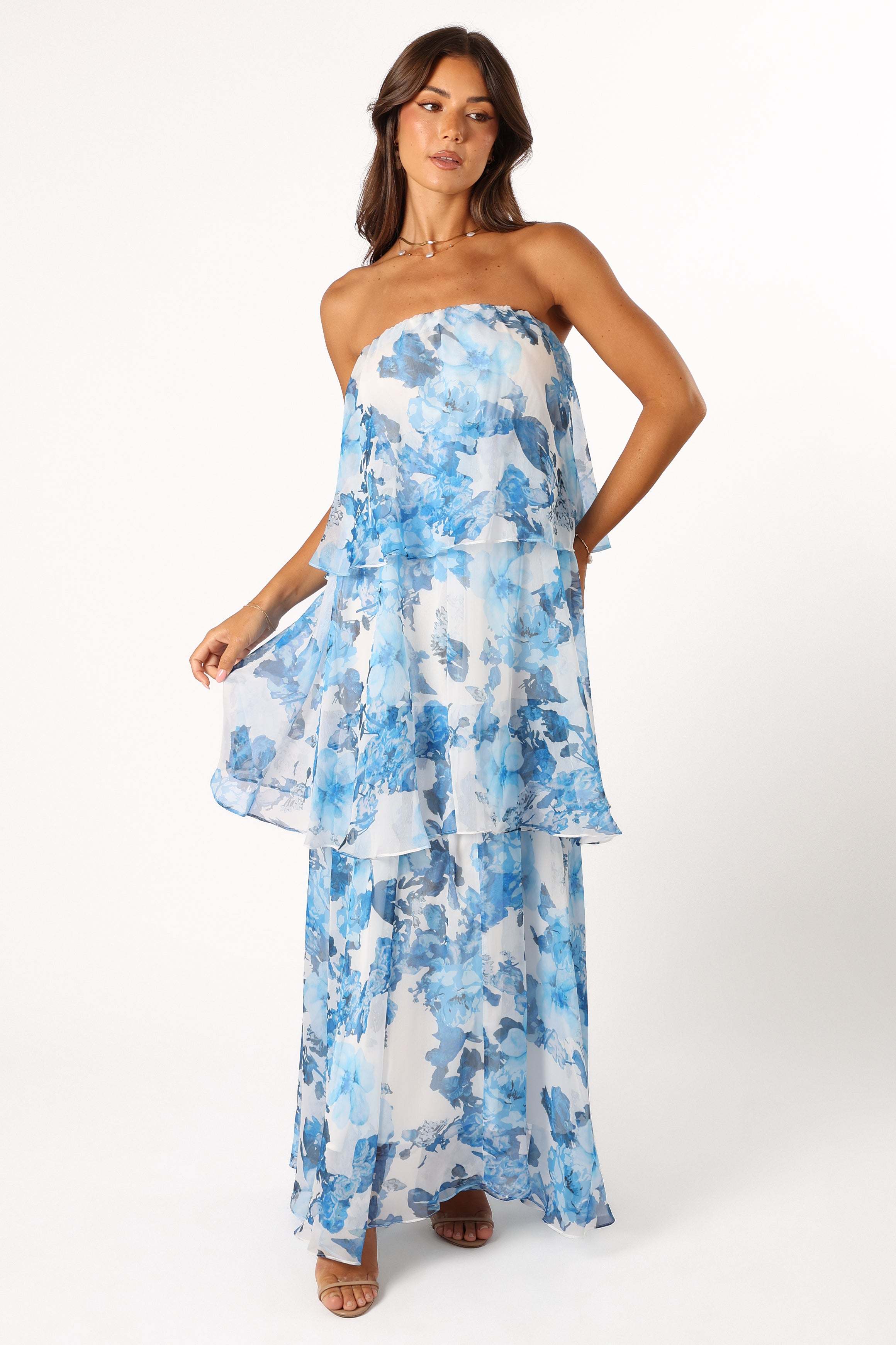 Bloom Strapless Maxi Dress - Blue White Floral - XL - Image 45