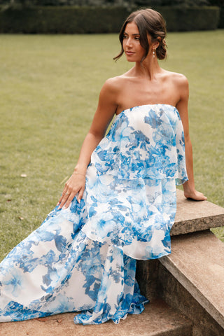 Bloom Strapless Maxi Dress - Blue White Floral - XL - Image 44