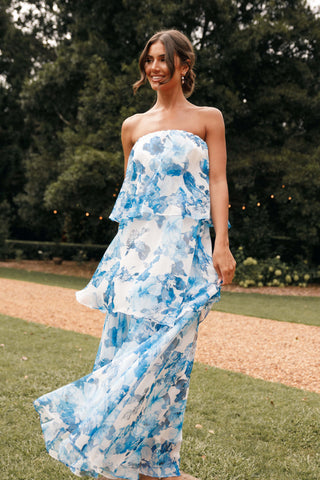 Bloom Strapless Maxi Dress - Blue White Floral - XL - Image 42